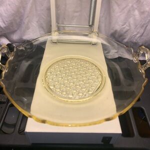 Vintage Lancaster Yellow Depression Glass Cane Bottom Handled Platter 10.5”